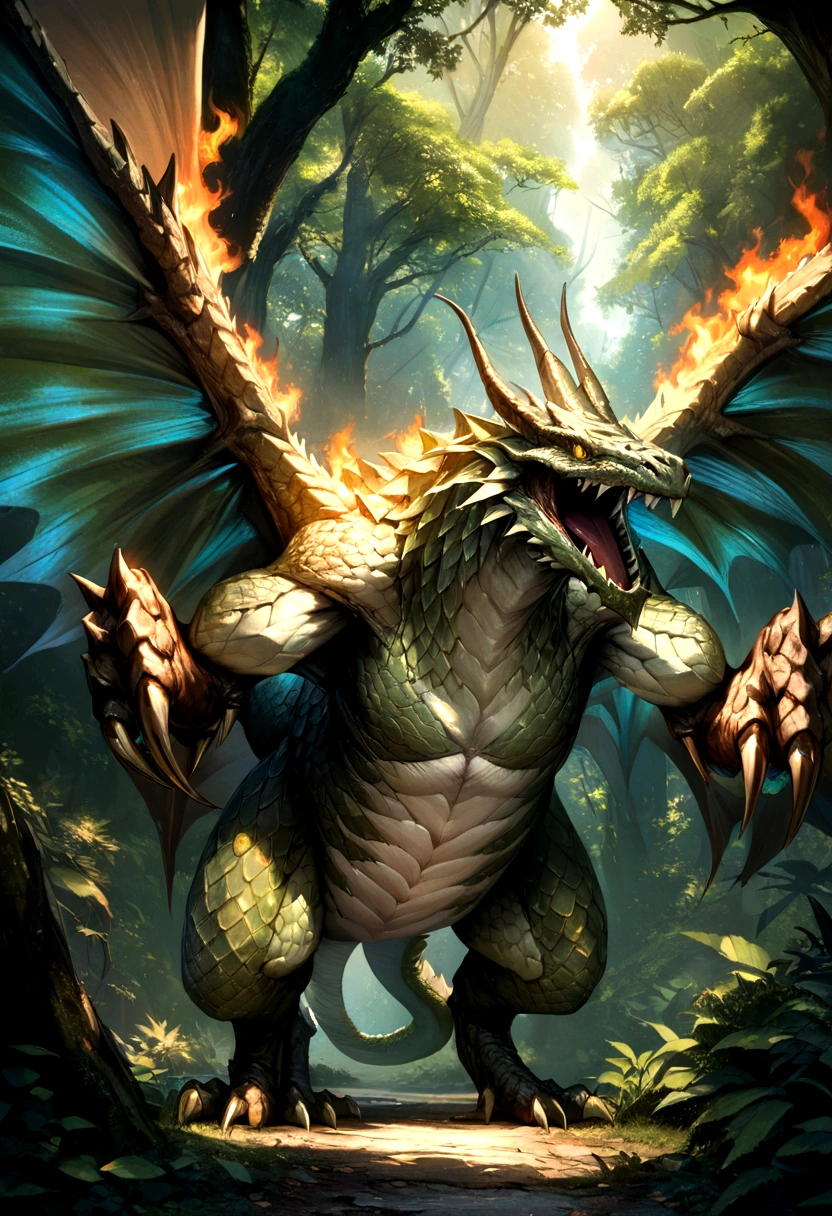 (Hyper-realistic Draconic Portrayal), (illustration), (A high resolution, 4K), (dragon's scales shimmering with iridescence), (extremely highly detailed), (Most Best Draconic Illustration), ( Majestic and exquisite dragon eyes), (best qualtity), (ultra-detailed), (tmasterpiece), ( the wallpaper), (Detailed and scaly hide), (Wings spread wide), (Fiery breath), (Surrounded by a mystical forest), (Highly Detailed Scale Texture and Veins), (Intricate,dragon claws), (Realistic fangs