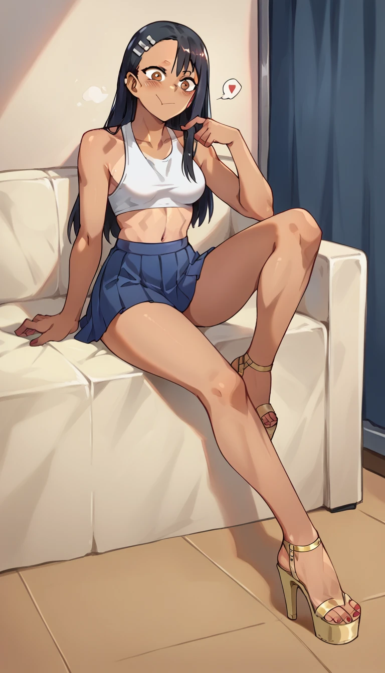 Hayase Nagatoro, dark-skinned, shirtless, braless, pleated skirt, clear open-toe platform high heels, nsfw