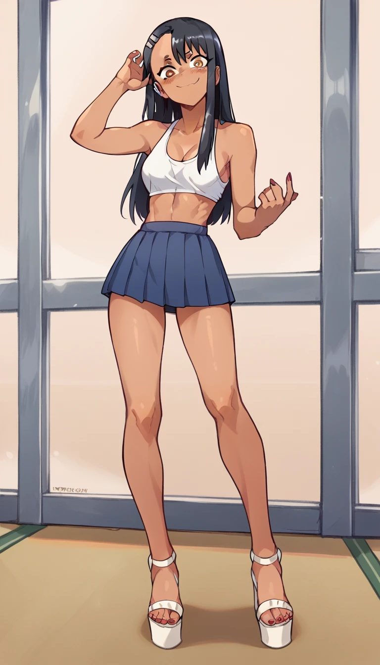 Hayase Nagatoro, dark-skinned, shirtless, braless, pleated skirt, clear open-toe platform high heels, nsfw