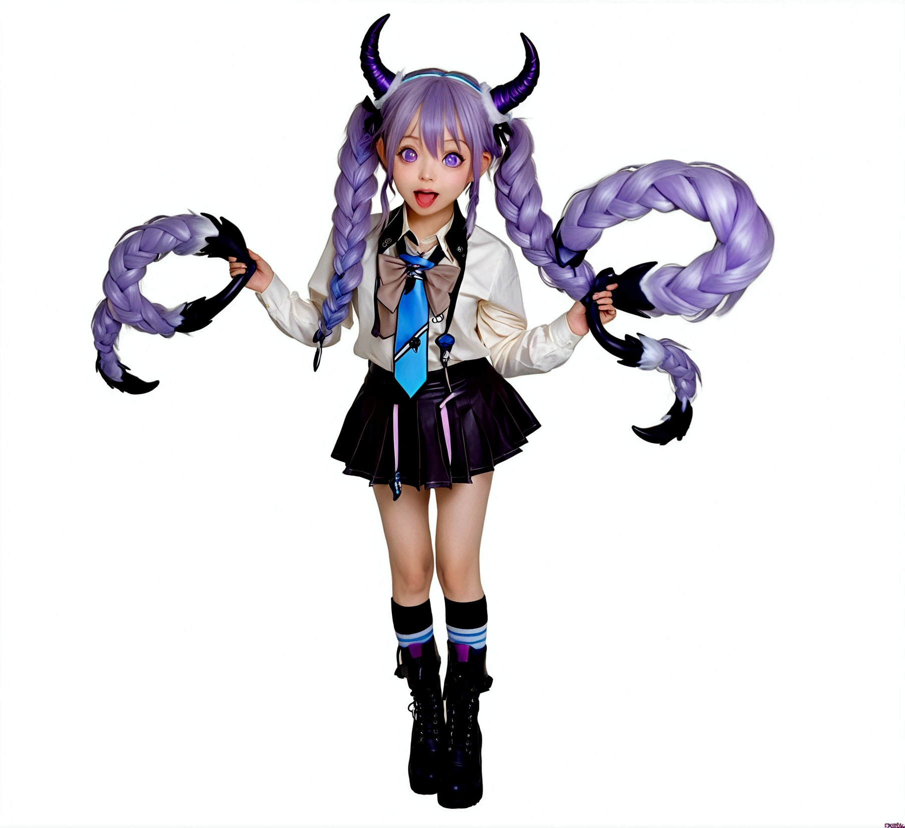 1girl, solo, long hair, looking at viewer, open mouth, bangs, skirt, hair ornament, long sleeves, twintails, purple eyes, full body, purple hair, braid, ahoge, boots, necktie, horns, black skirt, chibi, black footwear, twin braids, floating, blue necktie
