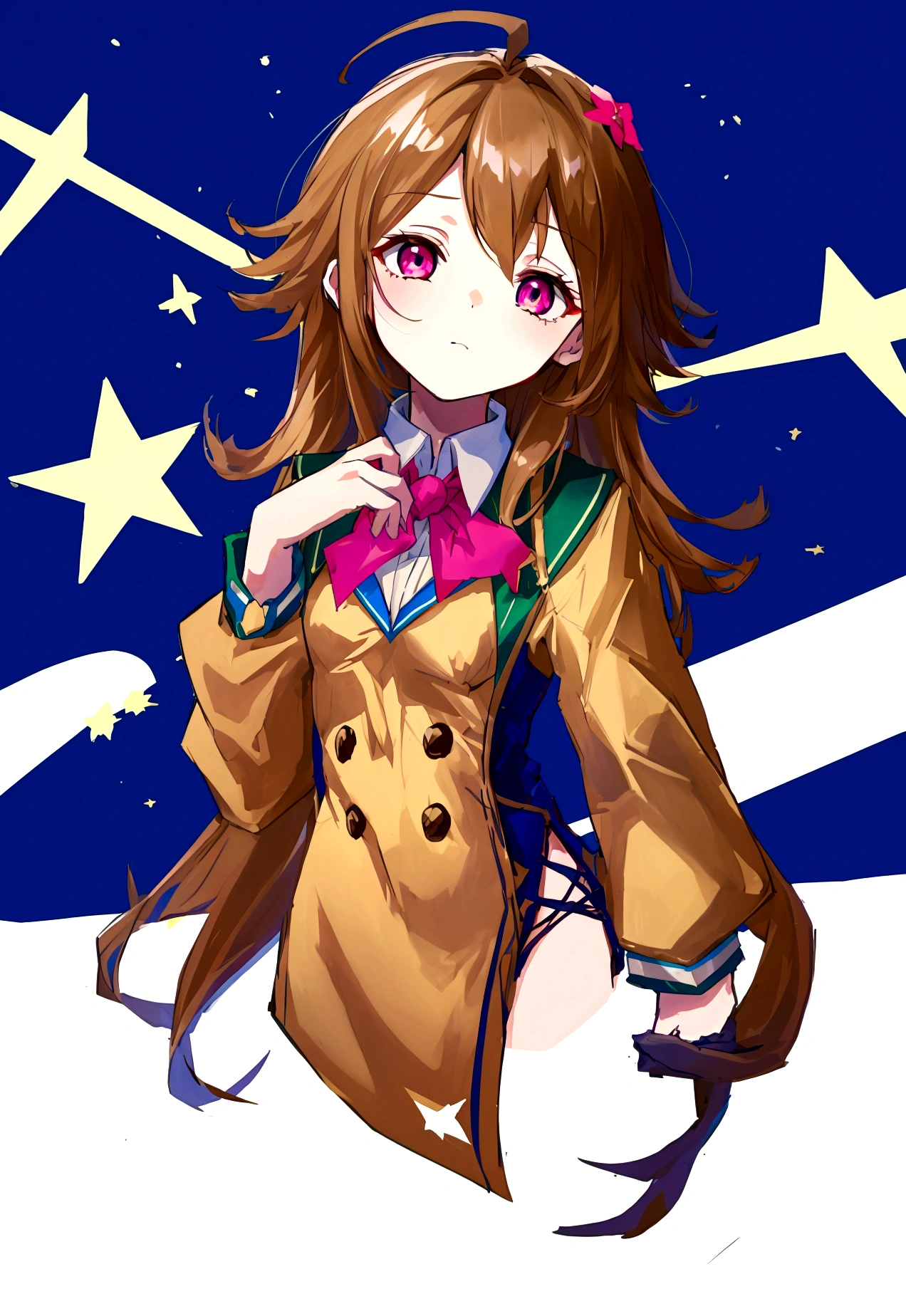 1girl,solo,light brown hair,long hair,ahoge,pink eyes,half-closed eyes,small breasts,head tilt,comforting,fleur_de_lapin_uniform,tied_shirt,shooting star,cropped torso,