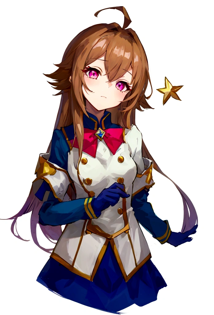 1girl,solo,light brown hair,long hair,ahoge,pink eyes,half-closed eyes,small breasts,head tilt,comforting,fleur_de_lapin_uniform,tied_shirt,shooting star,cropped torso,