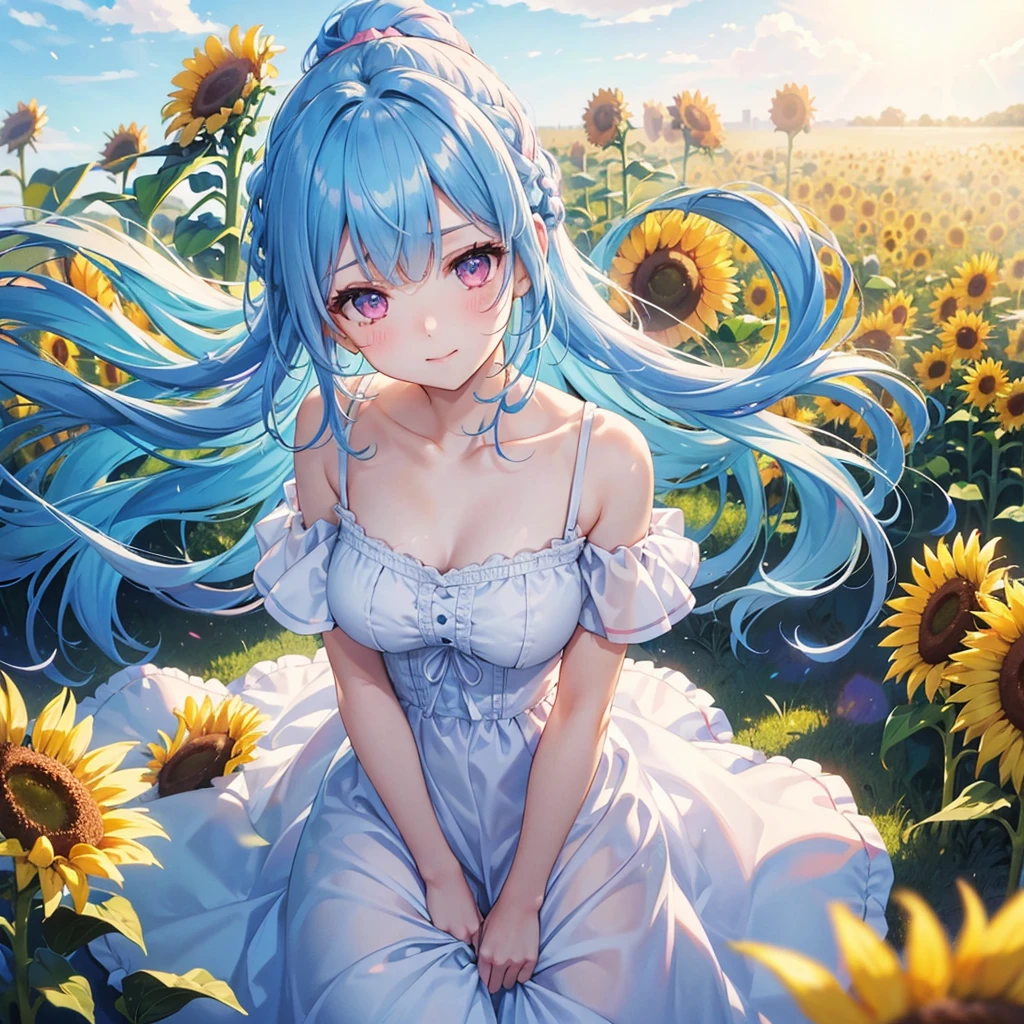 Sky blue hair, Braided Ponytail,(Pink Eyes),Fair skin ,(whole body),(One girl),summer,Sunflower field,White dress,Straight bangs,A sky full of smiles,(masterpiece, Highest quality, Very detailed, Best Shadow), (Detailed Background), (Beautifully detailed face), High Contrast, (Best lighting, Very delicate and beautiful), ((Cinematic Light)), colorful, Hyper Detail, Dramatic Light, Intricate details,summerの暑い日差し,