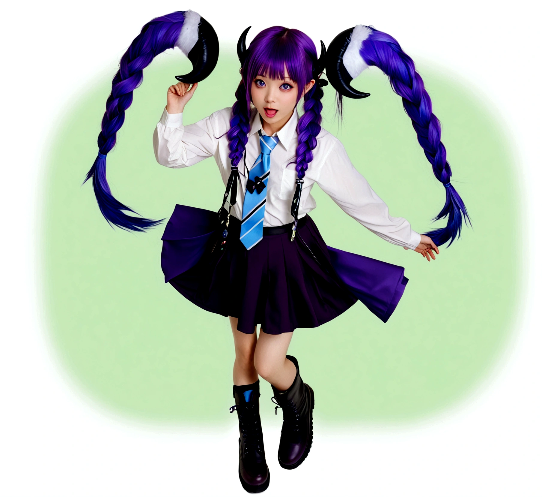 1girl, solo, long hair, looking at viewer, open mouth, bangs, skirt, hair ornament, long sleeves, twintails, purple eyes, full body, purple hair, braid, ahoge, boots, necktie, horns, black skirt, chibi, black footwear, twin braids, floating, blue necktie