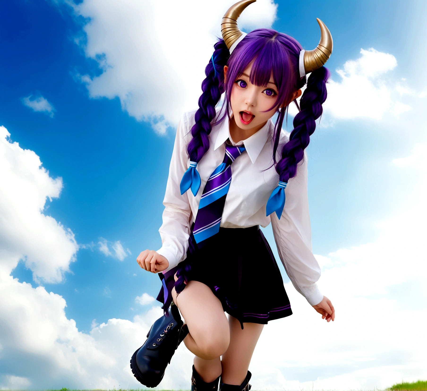 1girl, solo, long hair, looking at viewer, open mouth, bangs, skirt, hair ornament, long sleeves, twintails, purple eyes, full body, purple hair, braid, ahoge, boots, necktie, horns, black skirt, chibi, black footwear, twin braids, floating, blue necktie