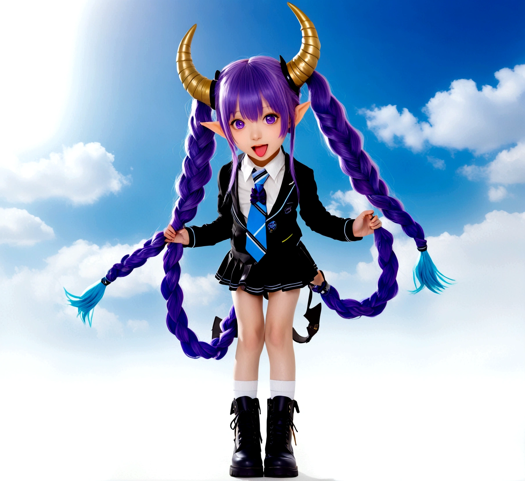 1girl, solo, long hair, looking at viewer, open mouth, bangs, skirt, hair ornament, long sleeves, twintails, purple eyes, full body, purple hair, braid, ahoge, boots, necktie, horns, black skirt, chibi, black footwear, twin braids, floating, blue necktie