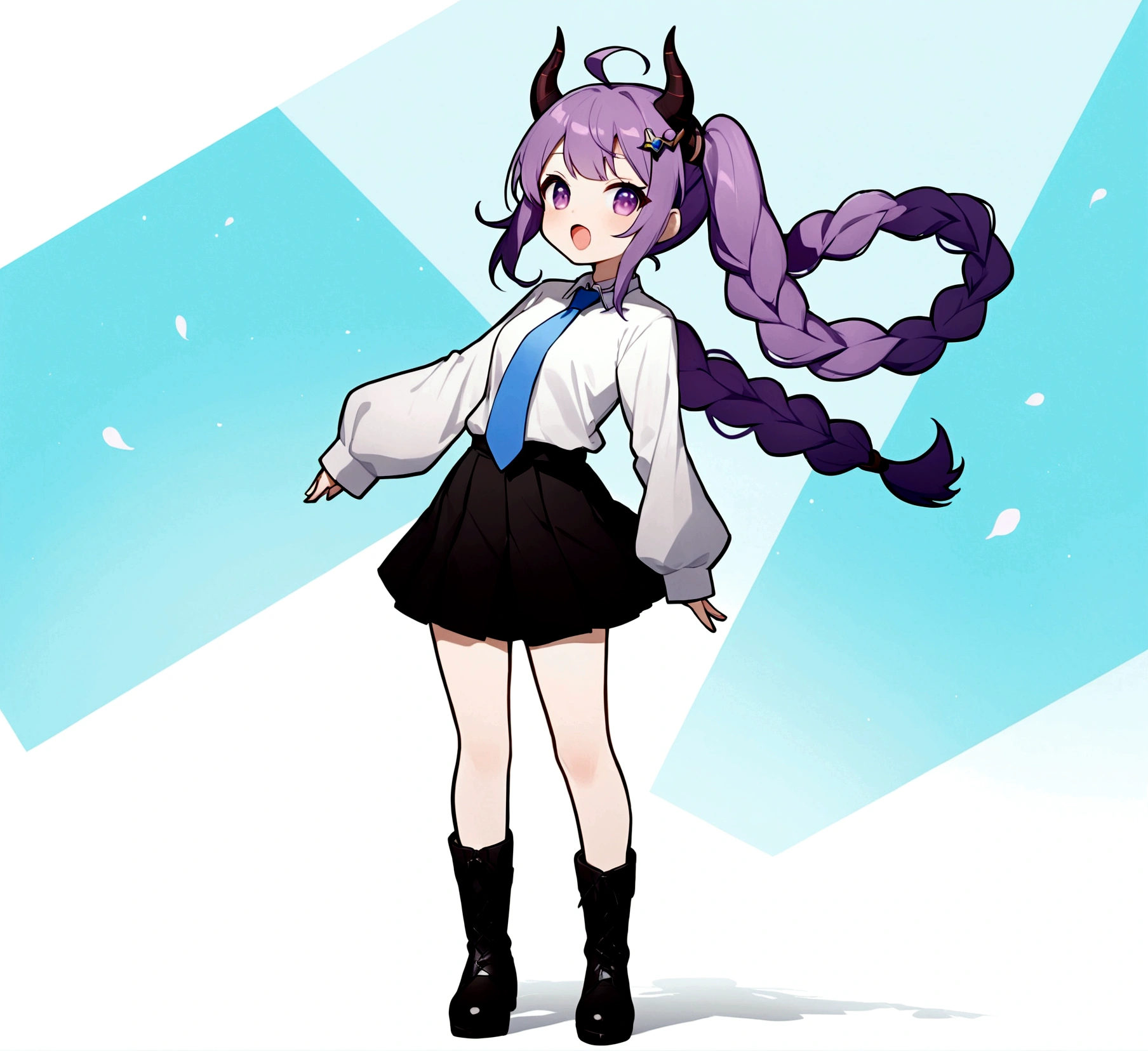 1girl, solo, long hair, looking at viewer, open mouth, bangs, skirt, hair ornament, long sleeves, twintails, purple eyes, full body, purple hair, braid, ahoge, boots, necktie, horns, black skirt, chibi, black footwear, twin braids, floating, blue necktie