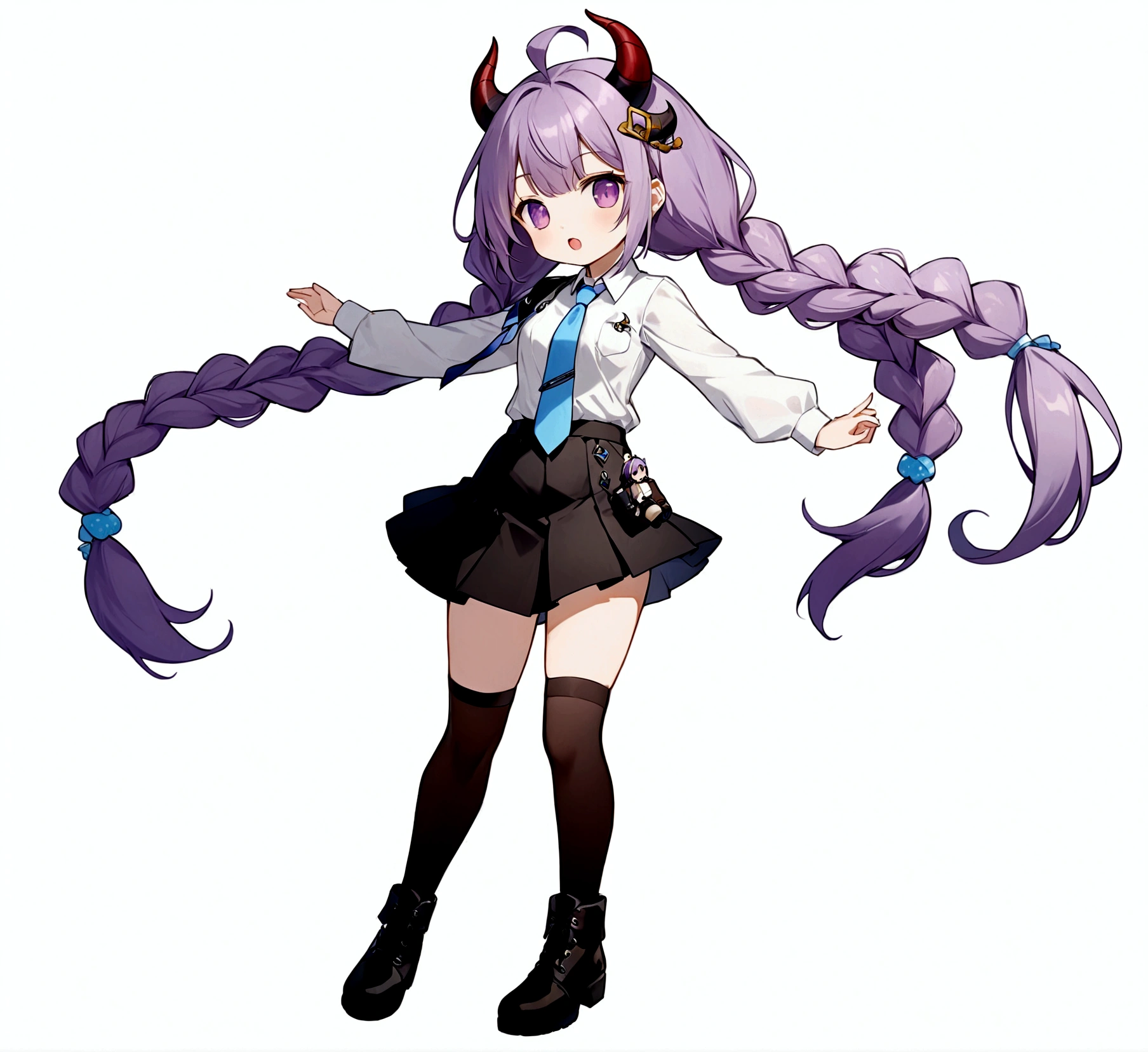 1girl, solo, long hair, looking at viewer, open mouth, bangs, skirt, hair ornament, long sleeves, twintails, purple eyes, full body, purple hair, braid, ahoge, boots, necktie, horns, black skirt, chibi, black footwear, twin braids, floating, blue necktie