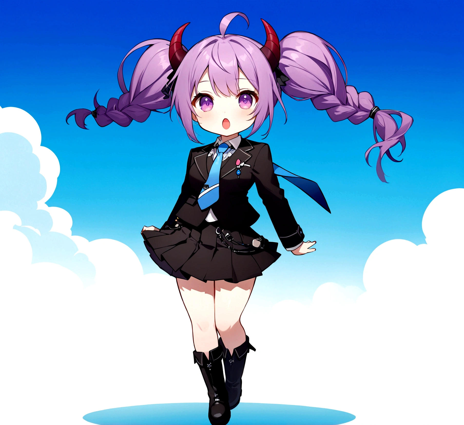 1girl, solo, long hair, looking at viewer, open mouth, bangs, skirt, hair ornament, long sleeves, twintails, purple eyes, full body, purple hair, braid, ahoge, boots, necktie, horns, black skirt, chibi, black footwear, twin braids, floating, blue necktie