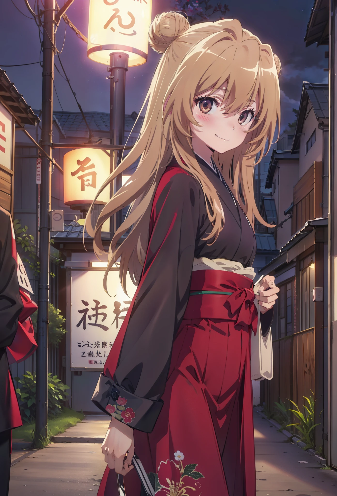 taiga aisaka, taiga aisaka, Long Hair, Brown Hair, Brown eyes,happy smile, smile, Close your mouth,Hair Bun, single Hair Bun,Black kimono,Thick sleeves,,日本のfestival,夏festivalの屋台,Red lantern,night,As if your whole body is in the illustration,Walking, break looking at viewer, Upper Body (Cowboy Shot:1. 5),
break outdoors, festival,
break (masterpiece:1.2), Highest quality, High resolution, unity 8k wallpaper, (shape:0.8), (Beautiful attention to detail:1.6), Highly detailed face, Perfect lighting, Highly detailed CG, (Perfect hands, Perfect Anatomy),