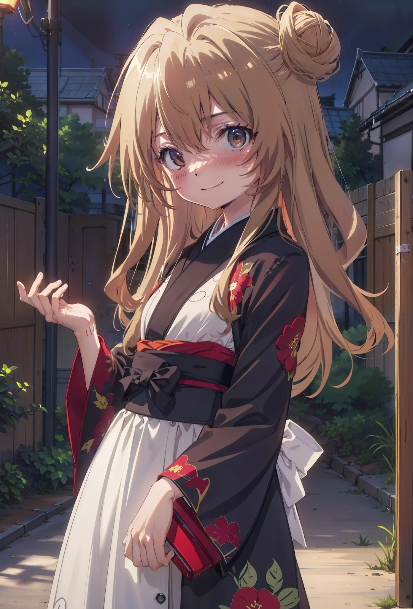 taiga aisaka, taiga aisaka, Long Hair, Brown Hair, Brown eyes,happy smile, smile, Close your mouth,Hair Bun, single  Hair Bun,Black kimono,Thick sleeves,,日本のfestival,夏festivalの屋台,Red lantern,night,As if your whole body is in the illustration,Walking,　　　　　　　　　　　　　　　  break looking at viewer, Upper Body (Cowboy Shot:1. 5),  　　　　　
break outdoors, festival,
break (masterpiece:1.2), Highest quality, High resolution, unity 8k wallpaper, (shape:0.8), (Beautiful attention to detail:1.6), Highly detailed face, Perfect lighting, Highly detailed CG, (Perfect hands, Perfect Anatomy),