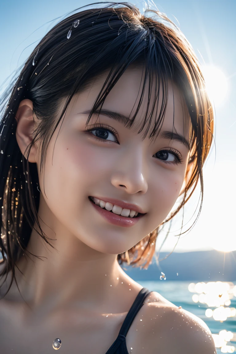 (Highest quality,masterpiece:1.3,Ultra-high resolution),(Very detailed,Caustics,8K),(Realistic:1.4,RAW shooting),(Smiling girls splashing water on each other),Japanese,18-year-old,cute,Black Short Hair,(big ),Bikini Swimwear,(Face Focus),(Face close-up),(Bust up shot),(Low position),(Low Angle),Clear and beautiful sea,Beach,sun,strong sunlight,Lens flare,Natural light,Professional Writing