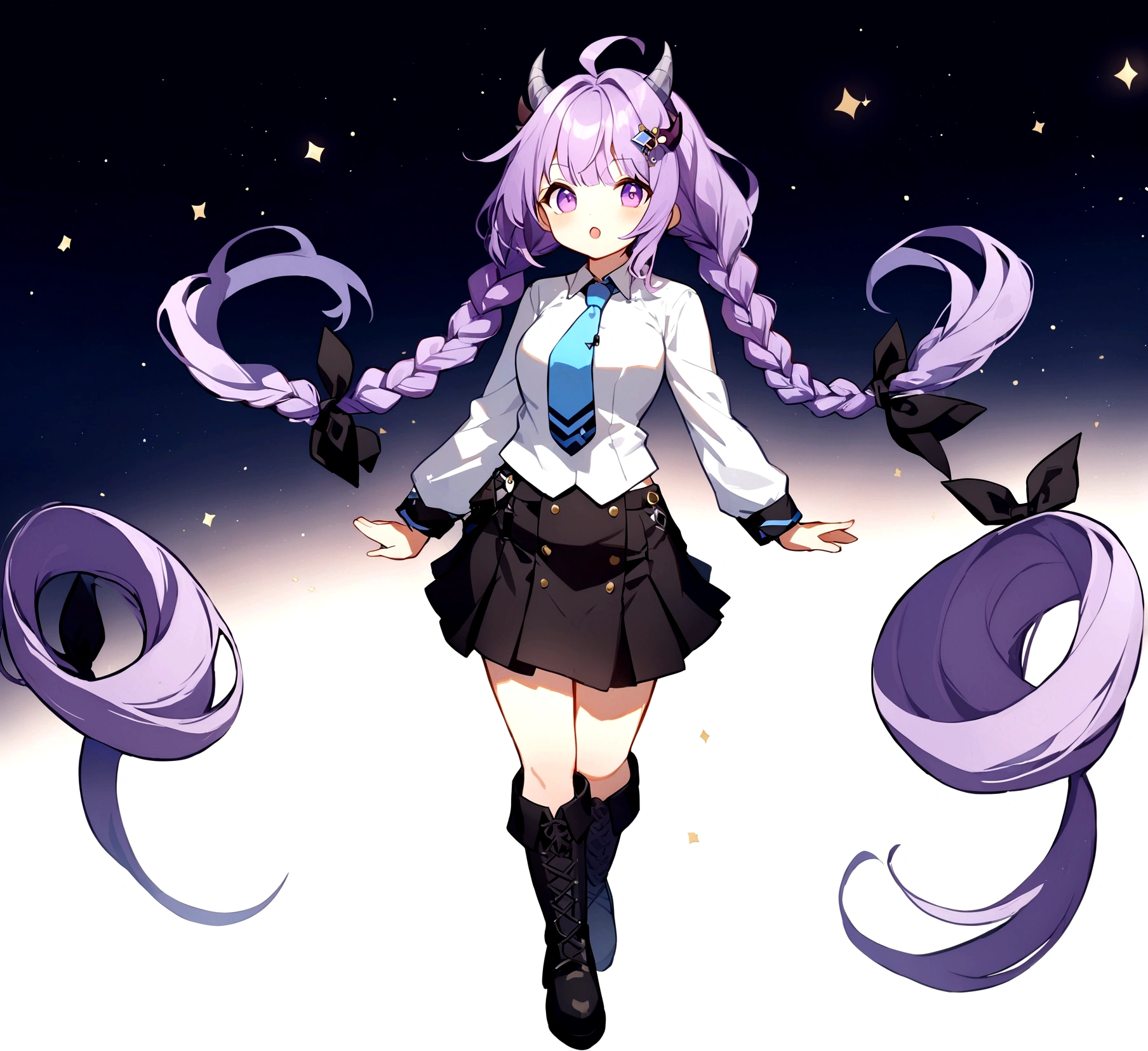 1girl, solo, long hair, looking at viewer, open mouth, bangs, skirt, hair ornament, long sleeves, twintails, purple eyes, full body, purple hair, braid, ahoge, boots, necktie, horns, black skirt, chibi, black footwear, twin braids, floating, blue necktie