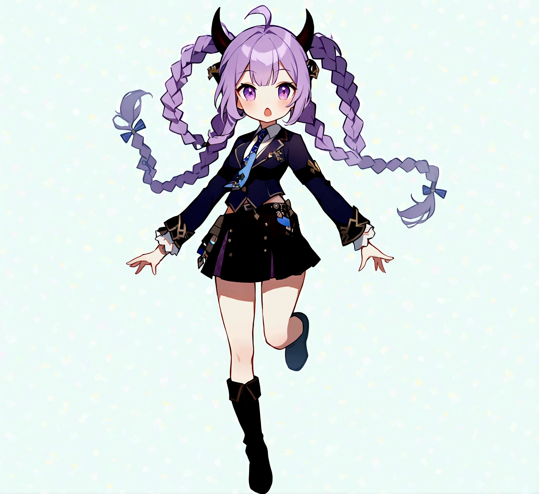 1girl, solo, long hair, looking at viewer, open mouth, bangs, skirt, hair ornament, long sleeves, twintails, purple eyes, full body, purple hair, braid, ahoge, boots, necktie, horns, black skirt, chibi, black footwear, twin braids, floating, blue necktie