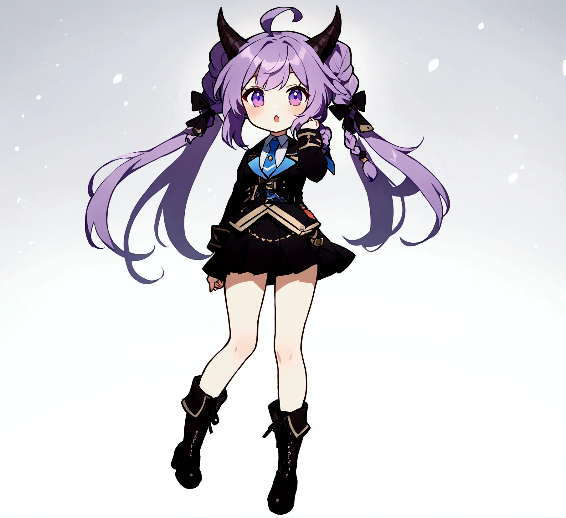 1girl, solo, long hair, looking at viewer, open mouth, bangs, skirt, hair ornament, long sleeves, twintails, purple eyes, full body, purple hair, braid, ahoge, boots, necktie, horns, black skirt, chibi, black footwear, twin braids, floating, blue necktie