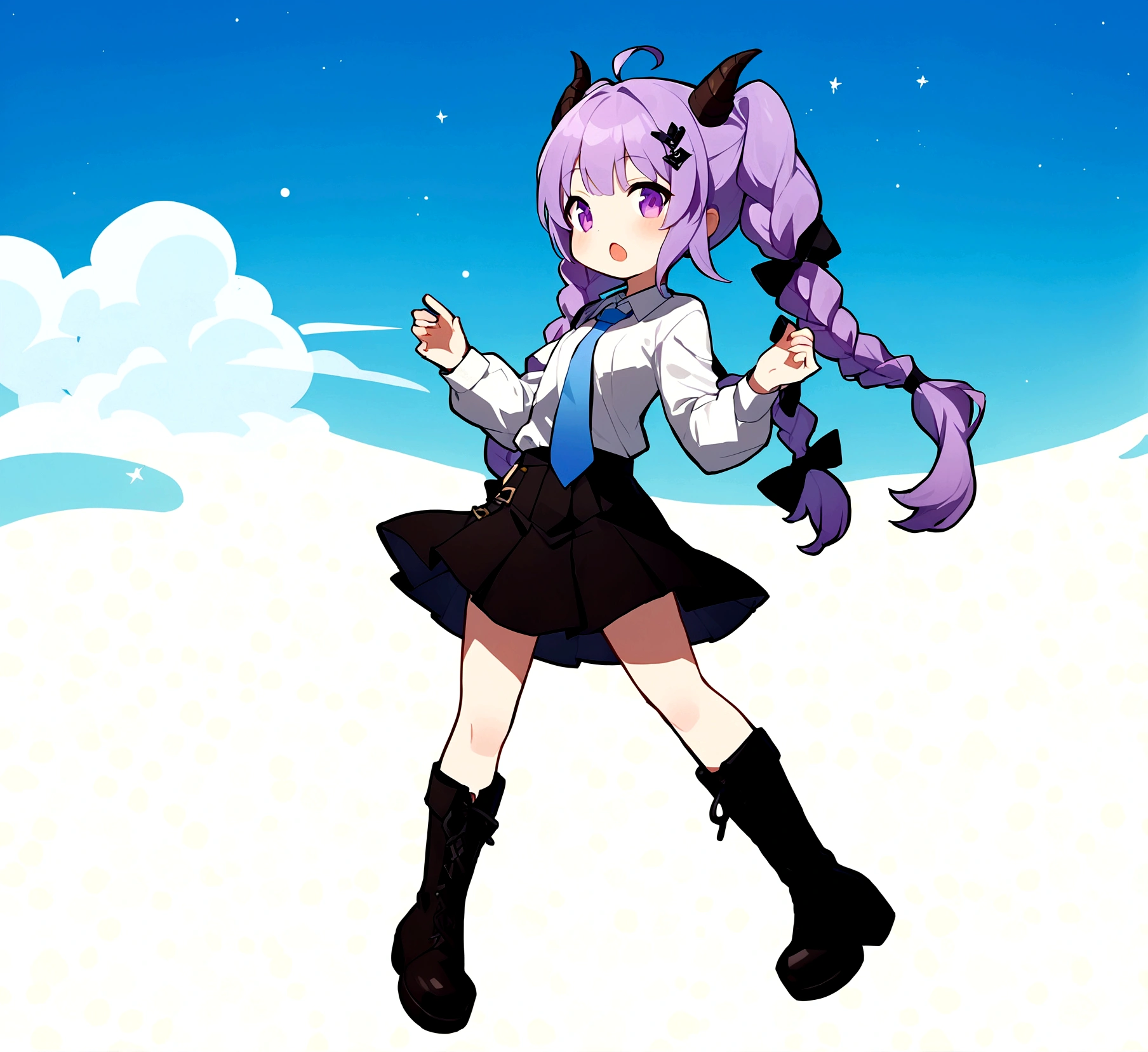 1girl, solo, long hair, looking at viewer, open mouth, bangs, skirt, hair ornament, long sleeves, twintails, purple eyes, full body, purple hair, braid, ahoge, boots, necktie, horns, black skirt, chibi, black footwear, twin braids, floating, blue necktie