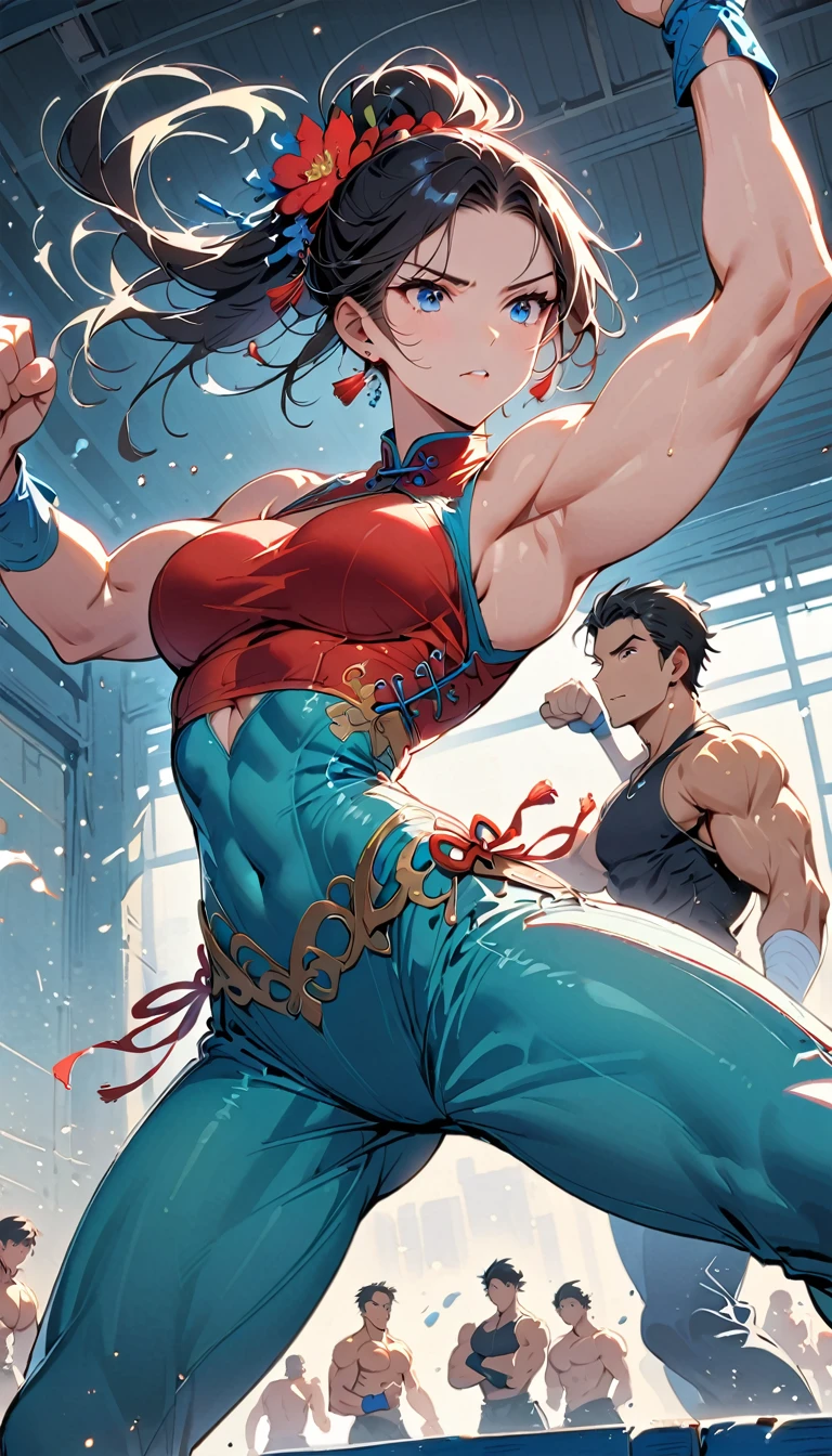 Boxing Match between muscular woman and doing a high kick, six pack, no men in background , Chinese dress crop top, and leggings ,portrait, empty dojo background