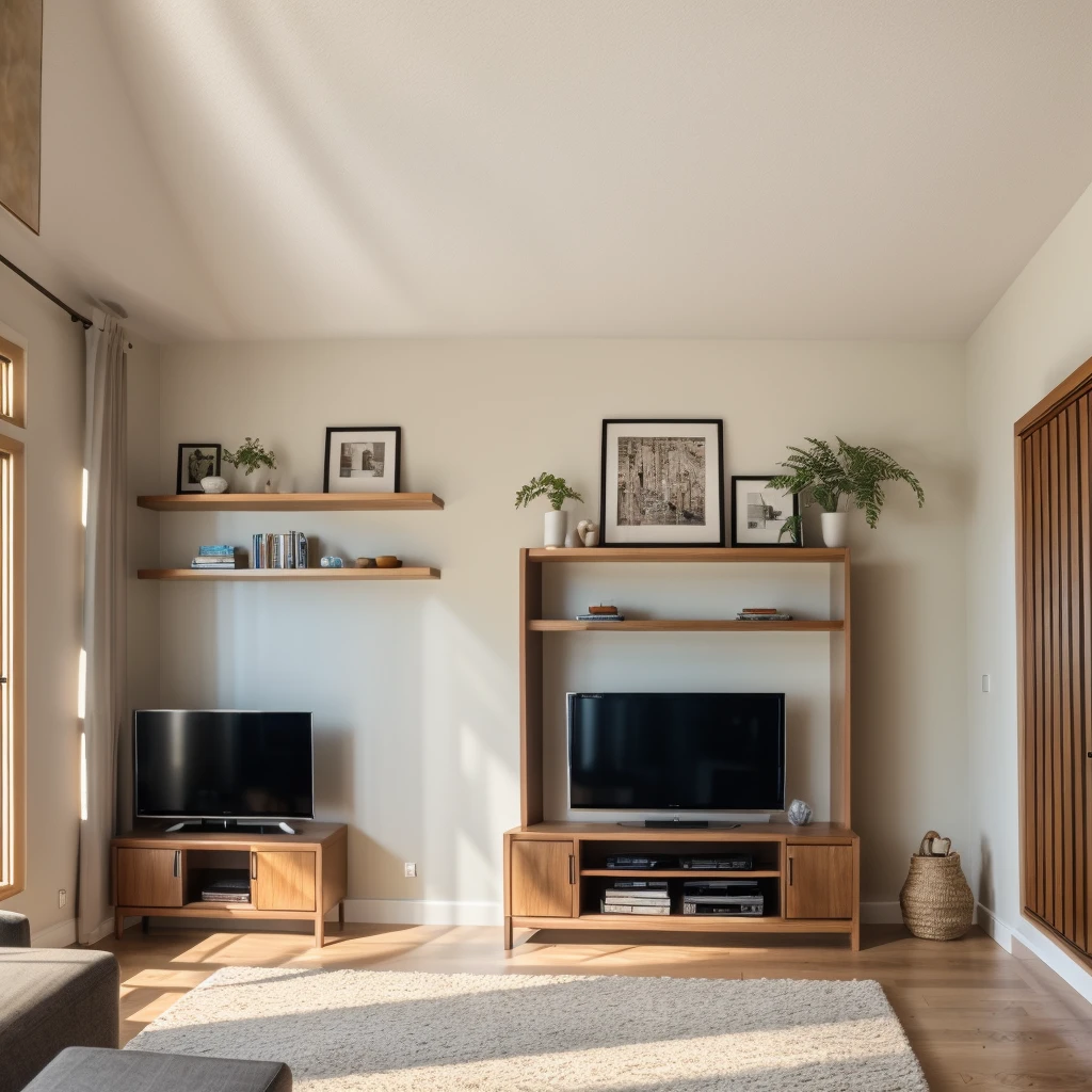 RAW photo,Living room, Modern style, Ceiling Light, TV Shelf, daytime, natural lighting, physically based rendering, subject, 8k uhd, dslr, soft lighting, high quality, film grain, Fujifilm XT3