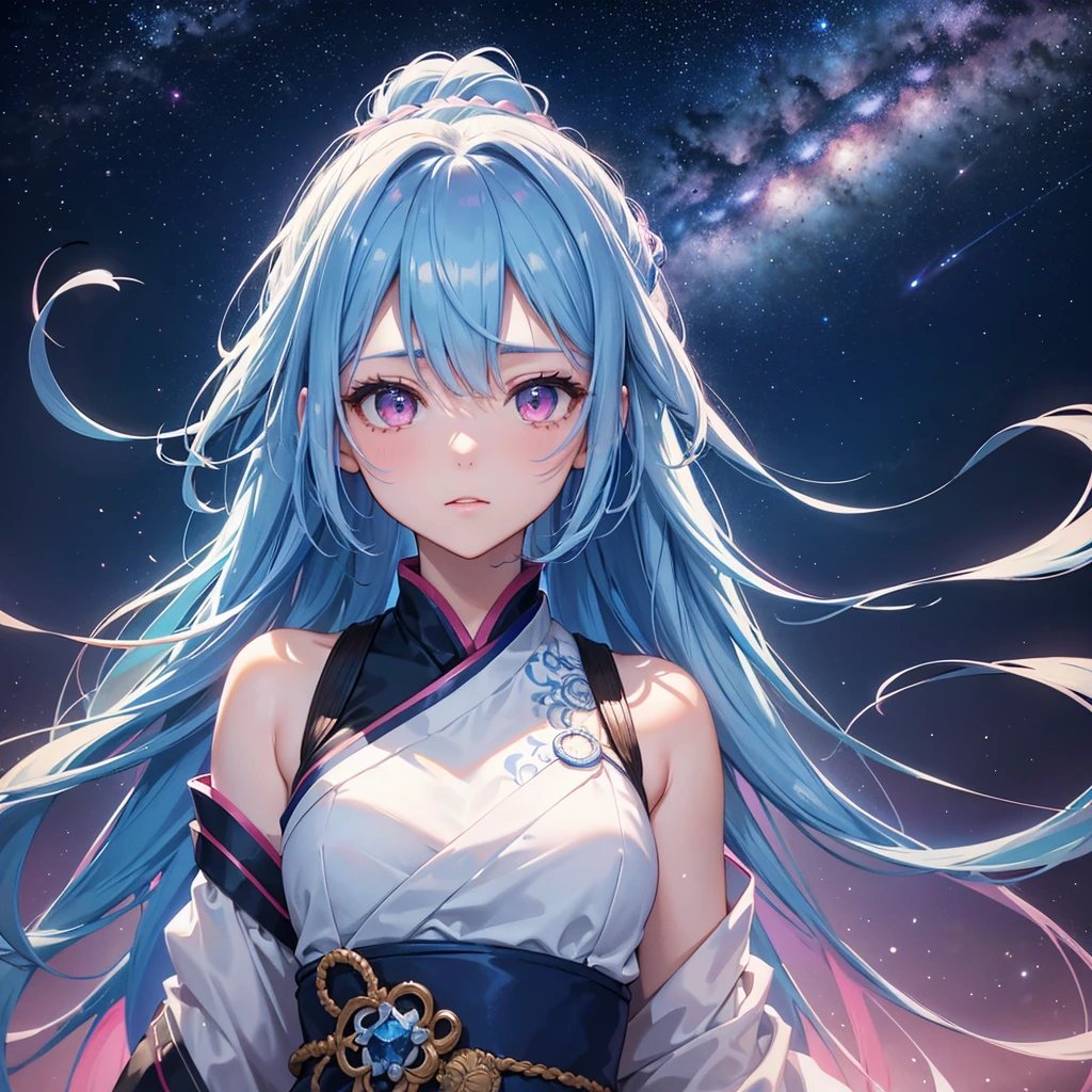 Sky blue hair, Braided Ponytail,(Pink Eyes),Fair skin ,(whole body),(One girl),Hanfu,Tanabata,(A beautiful Milky Way in the night sky),Hollow Eyes,Straight bangs,(masterpiece, Highest quality, Very detailed, Best Shadow), (Detailed Background), (Beautifully detailed face), High Contrast, (Best lighting, Very delicate and beautiful), ((Cinematic Light)), colorful, Hyper Detail, Dramatic Light, Intricate details,