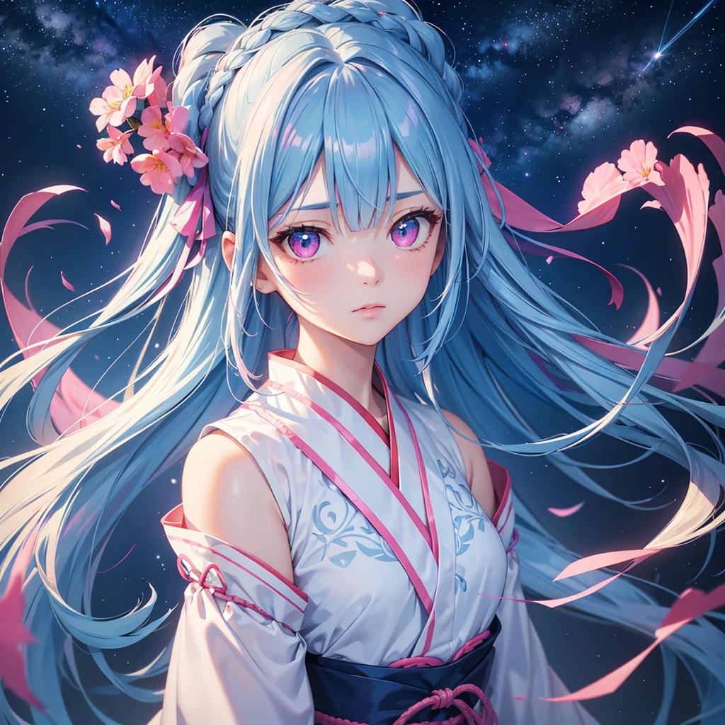 Sky blue hair, Braided Ponytail,(Pink Eyes),Fair skin ,(whole body),(One girl),Hanfu,Tanabata,(A beautiful Milky Way in the night sky),Hollow Eyes,Straight bangs,(masterpiece, Highest quality, Very detailed, Best Shadow), (Detailed Background), (Beautifully detailed face), High Contrast, (Best lighting, Very delicate and beautiful), ((Cinematic Light)), colorful, Hyper Detail, Dramatic Light, Intricate details,