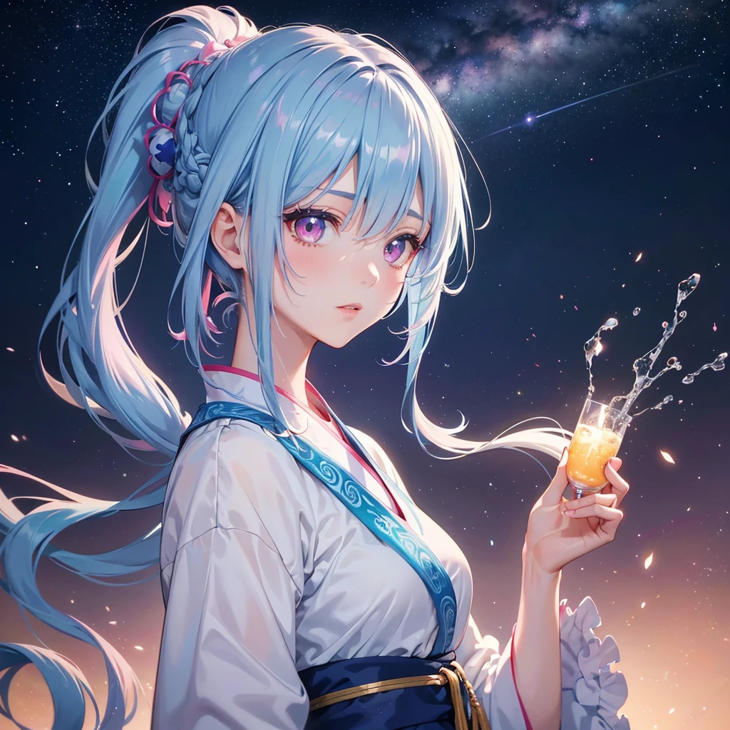 Sky blue hair, Braided Ponytail,(Pink Eyes),Fair skin ,(whole body),(One girl),Hanfu,Tanabata,(A beautiful Milky Way in the night sky),Hollow Eyes,Straight bangs,(masterpiece, Highest quality, Very detailed, Best Shadow), (Detailed Background), (Beautifully detailed face), High Contrast, (Best lighting, Very delicate and beautiful), ((Cinematic Light)), colorful, Hyper Detail, Dramatic Light, Intricate details,