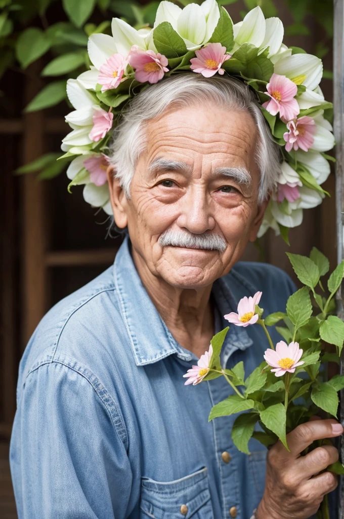 A cute old man with a flower head