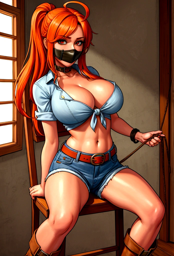 (masterpiece, best quality:1.2), 1girl, solo, denim shorts, boots, midriff, cleavage, front-tie top, tied shirt, belt, underwear showing , orange hair, long hair, navel, ahoge, traditional media, shorts, beautiful long legs, tied to a chair with rope, mouth gagged