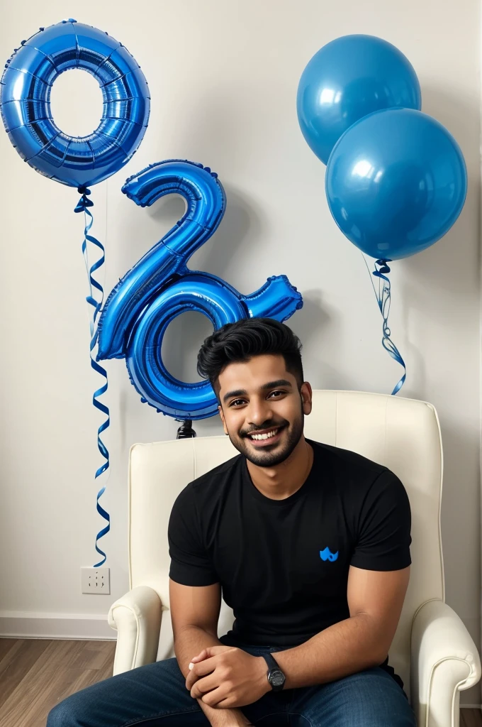 Create a realistic a profile picture where a 21 year old boy cutting his birthday cake facing forward in smile face, black shirt, sitting casually on a wingback chair there are gift lying on the ground along both sides of the chair and the cake is lying in front of table my username Rakesh Written written with Blue colour with balloon in different colours attached on the white wall