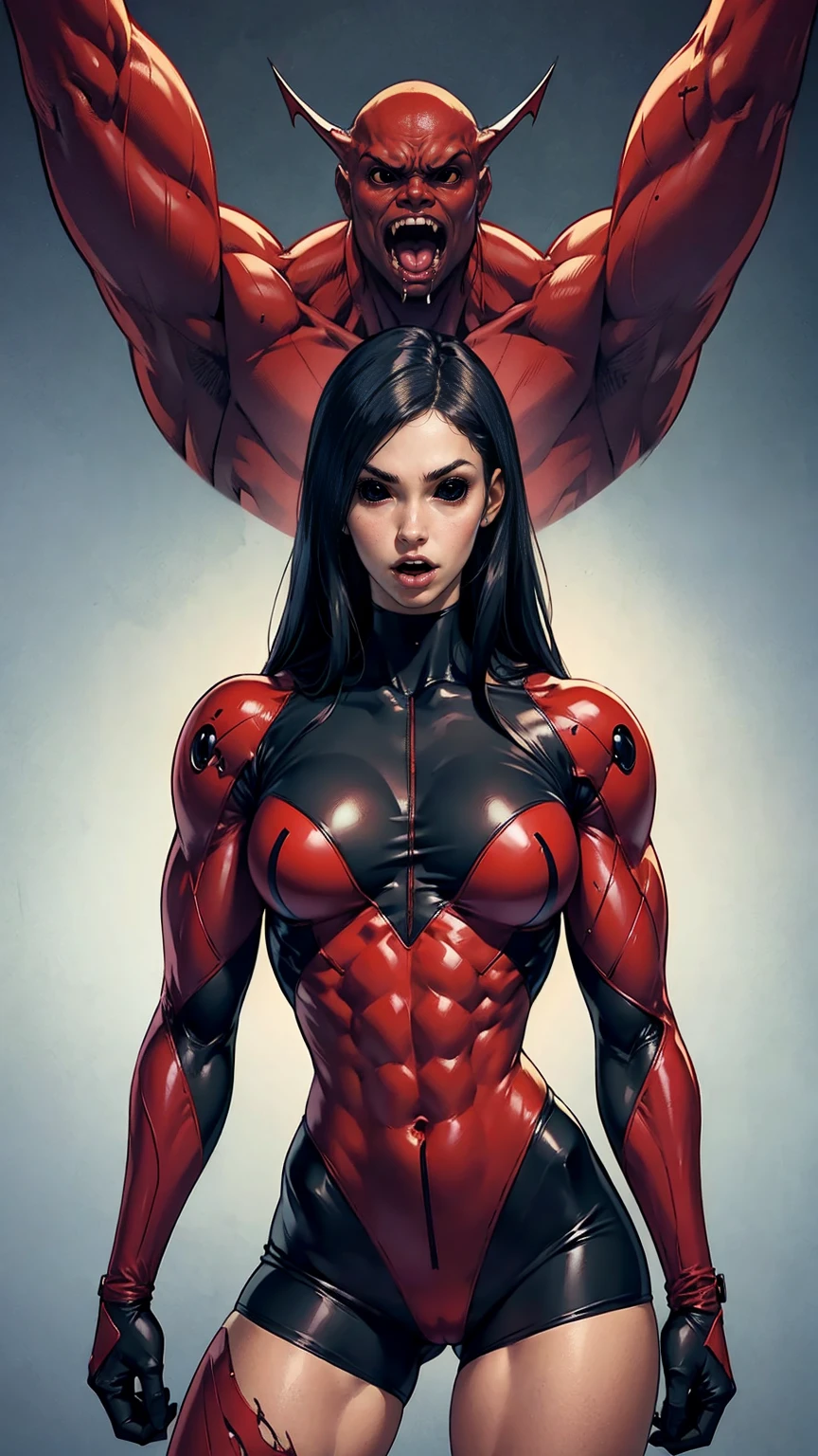 megan fox as a vampiric muscular red carnage, (mouth wide open with tongue out:1.25), (red carnage anatomic muscular bio-mecha muscle suit:1.25), (body totally covered in muscles, veins, tendons), (perfect muscular anatomy), (wide upper body:1.25), (thin legs:1.25), (beautiful face:1.25)