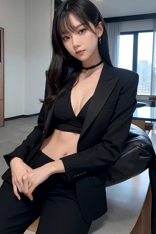 Woman in black suit posing for photo, Both have, Shirtless jacket, Wearing a black aristocratic suit, Both haveの人, Wearing a black suit, Girl in suit, Wearing modern black clothing, Both haveの少女の肖像画, Fashion portrait photography, Wearing a black business suit, Wearing a fashion suit, 魅力的なBoth haveのヒューマノイド