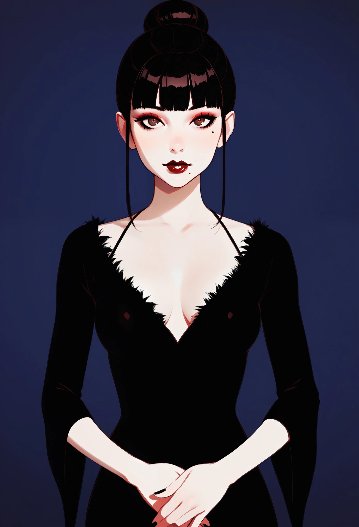 score_9, score_8_up, score_7_up, score_6_up BREAK, 1girl,solo, slim, pale skin tone, beauty mark, dark red lipstick, regal dressing, fur trimmed black dress, dark background, bun hairstyle,
