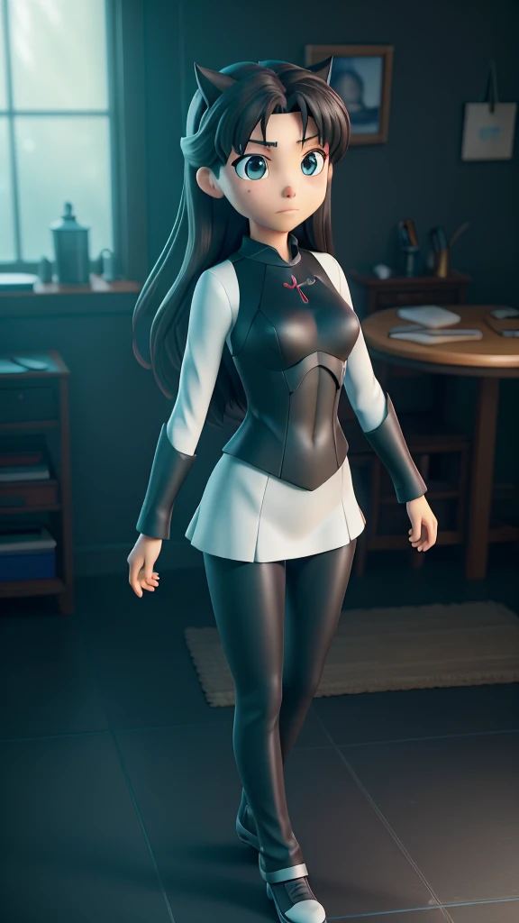 full body, Serious face, (masterpiece), best quality, expressive eyes, perfect face, bodysuit, anime girl, Fate/Stay Night anime, Rin Tohsaka anime, Rin Tohsaka Fate/Stay Night HDR (High Dymanic Range), Ray Tracing, Super resolution, Unreal 5, Subsoil Scatter, PBR Textures, Post Processing, Anisotropic filtering, Depth of Field, High Sharpness and Sharpness, Multilayer Textures, Surface shading, Precise simulation of light-material interactions, Perfect ratios, Octane rendering, duotone illumination, low ISO, white balance, Rule of thirds, Wide aperture, 8K RAW, high-efficiency sub-pixels, sub-pixel convolution, glow particles