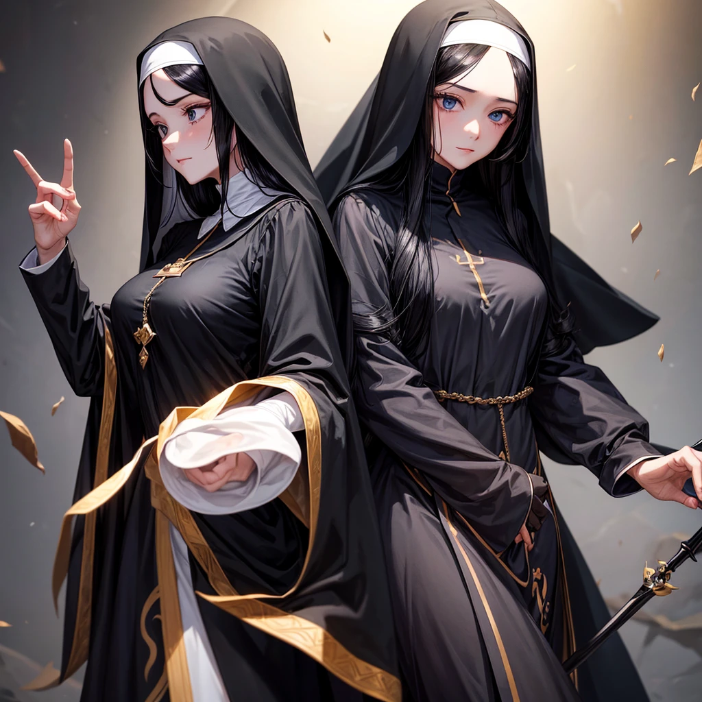 Beautiful lady, with black long hair, nun, scratches on face, Black Closed Clothing, Large cloak