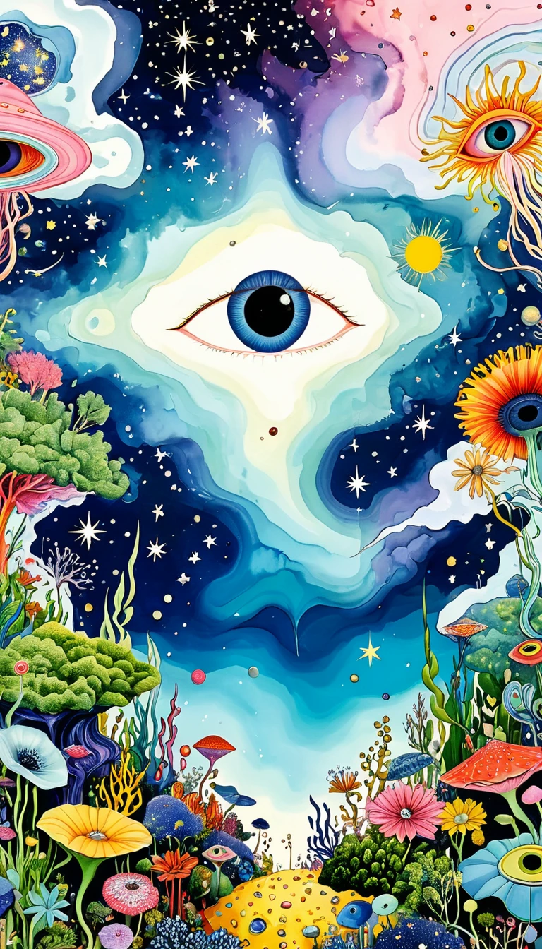 真菌上有Eye、microorganism、plant、Marine life、Eye、Starry Sky,An abstract painting at the joint,Describing the inner world of autistic people,Sense of space,White Space,Psychedelic Art