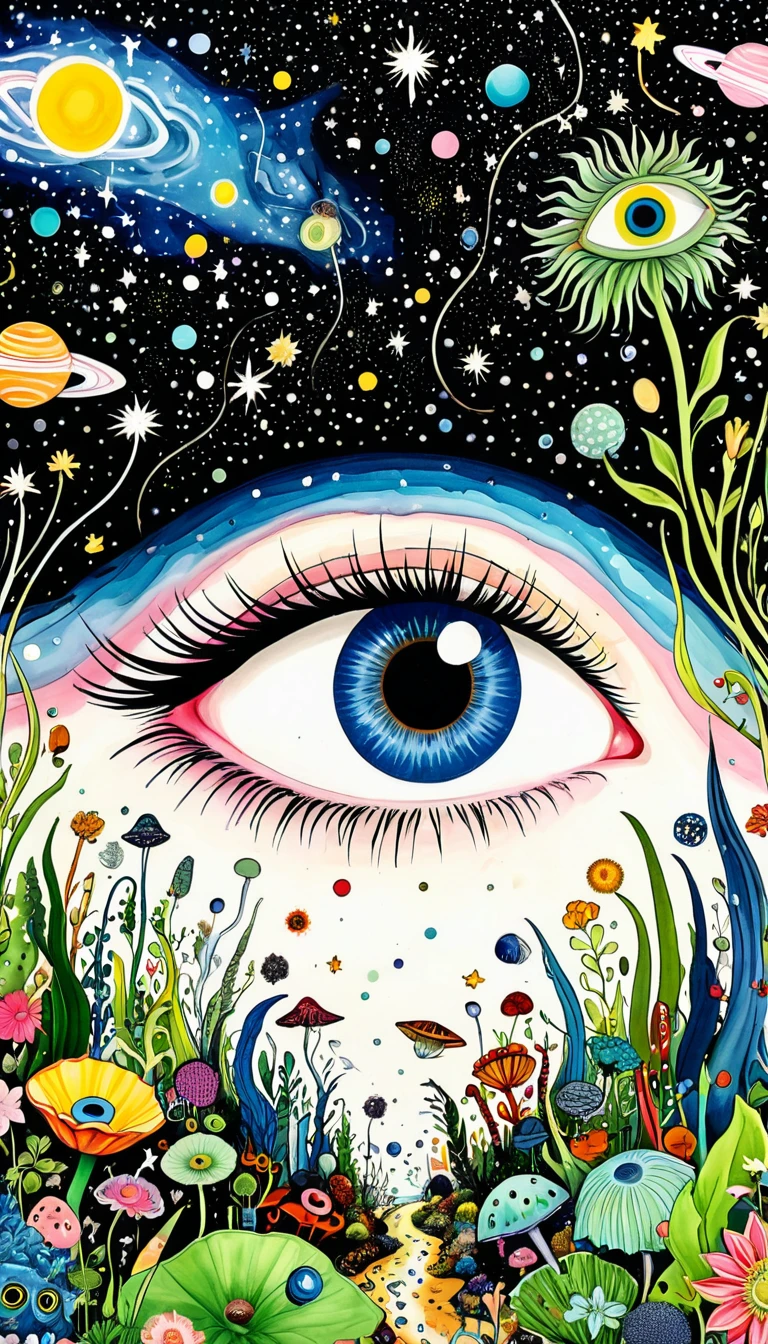 真菌上有Eye、microorganism、plant、Marine life、Eye、Starry Sky,An abstract painting at the joint,Describing the inner world of autistic people,Sense of space,White Space,Psychedelic Art