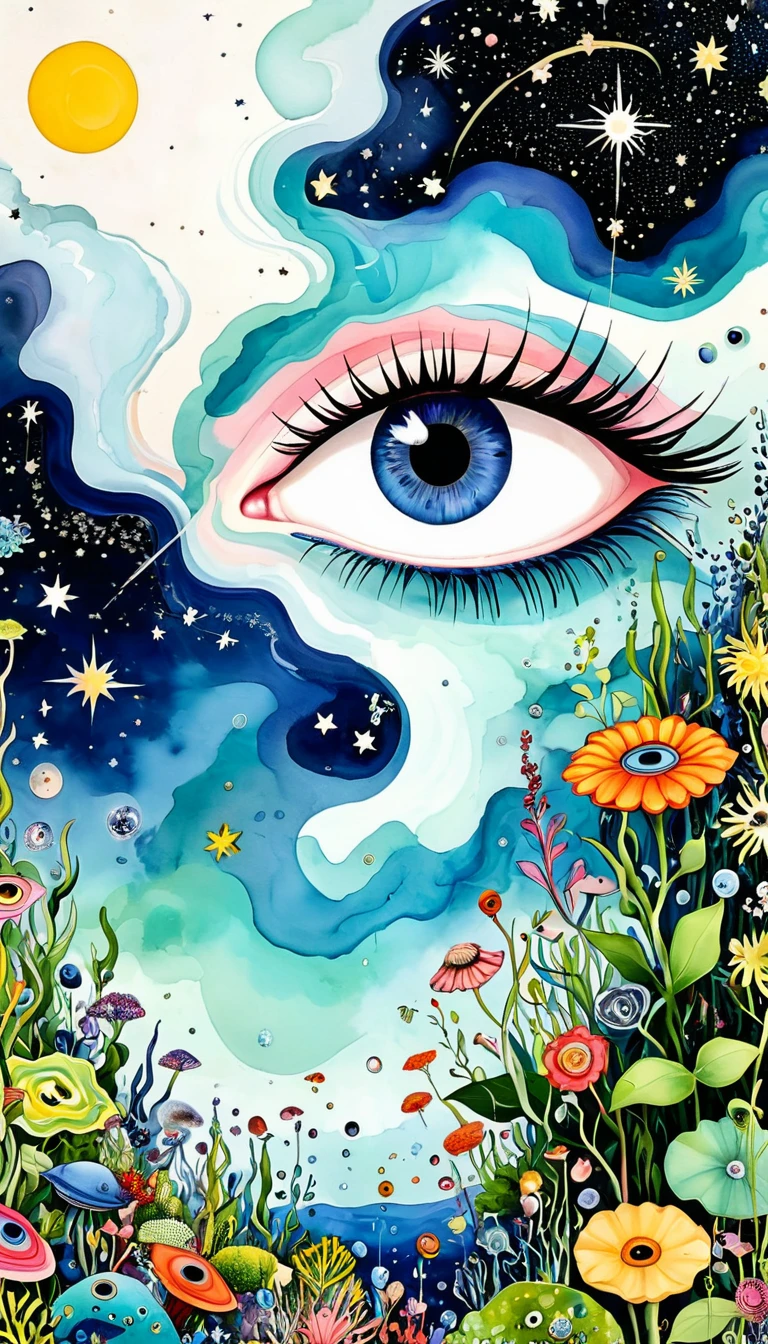 microorganism、plant、Marine life、1Stars dripping from my eyes、Starry Sky，Stitched into an abstract painting，Describing the inner world of autistic people，Sense of space，White Space，Childish lines，Psychedelic Art