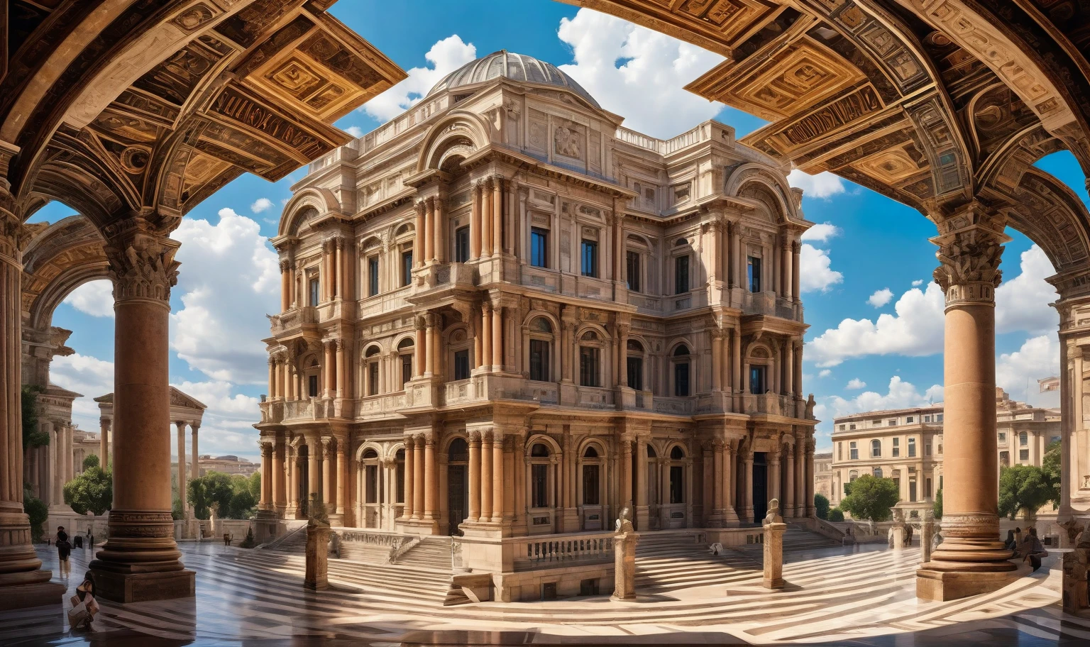 in style of Maximalism , a building，Symmetrical，beautiful details，Ancient Roman architecture