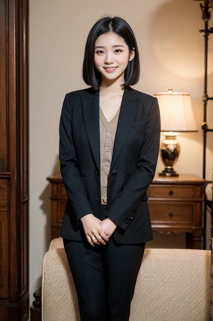 Pure young Japanese girl, wearing dark colors style suits, vivid makeup, natural black hair styles, sitting in antique in style rooms, sweet smile, professional portrait photography, midnight, 