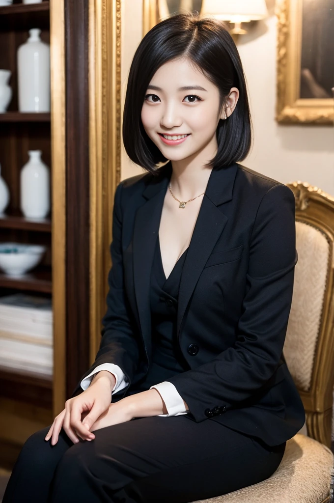 Pure young Japanese girl, wearing dark colors style suits, vivid makeup, natural black hair styles, sitting in antique in style rooms, sweet smile, professional portrait photography, midnight, 