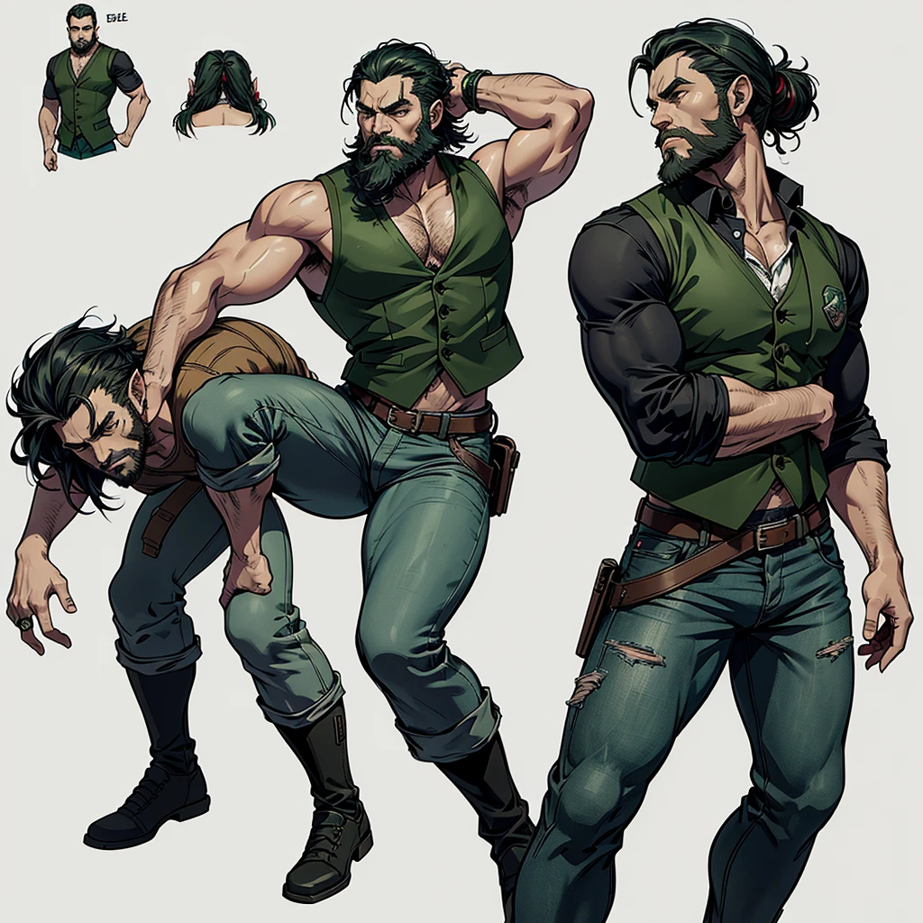 character ANIME man, FULL BODY, standing, STRONG, long black hair, ((design sketches)), (masterpiece), extremely detailed, (original design reserved), (random poses), LEADER, (unique accessories), (clothing, green vest, jeans), (bearded face) professionally retouched, white background, (male: 1.1) martial arts, parkour (cauça Jeans r: 0.8), (dirty: 1.1), (movement: 0.8), (young: 1.3), (sprint: 0.6) (silent hill concept) (resident evil concept), (orelhas de elfo), (pele verde)