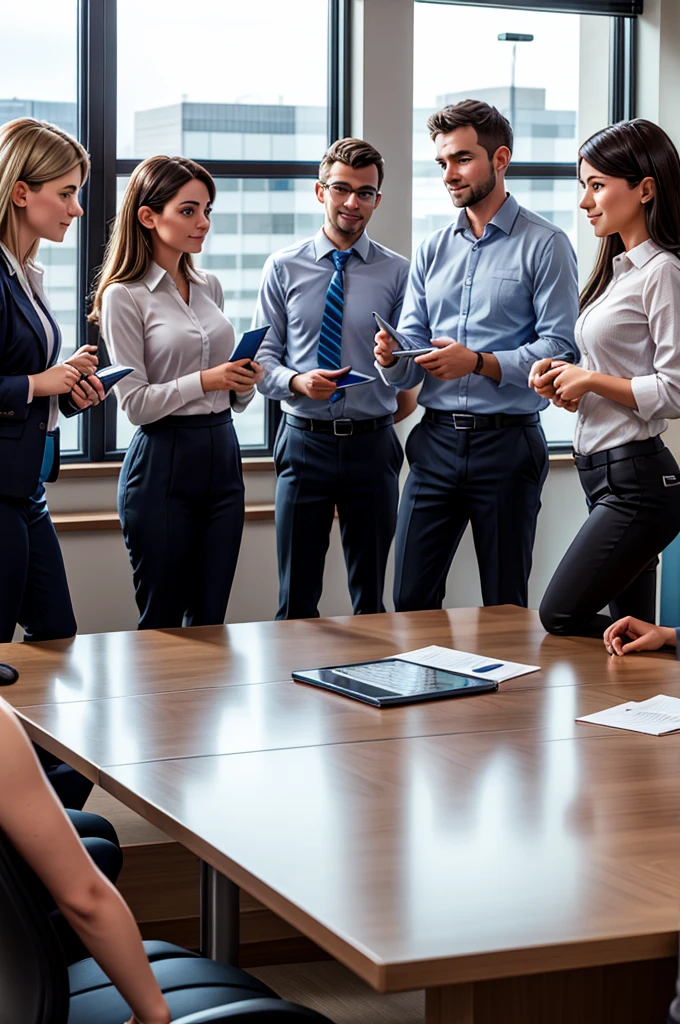 Employees of a company in a meeting room discussing Corporate Social Responsibility: The relationship between socially responsible practices and business efficiency.