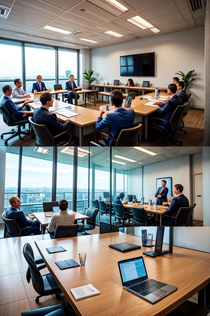 Employees of a company in a meeting room discussing Corporate Social Responsibility: The relationship between socially responsible practices and business efficiency.