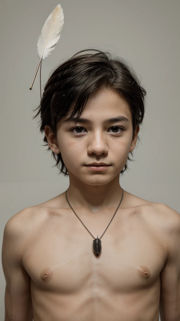 A minimalist, fantastic, poetic, dreamy, captivating, memorable, masterpiece, modern, simple logo design of a boy and a feather for the brand “Penamemoria". The logo must convey a sense of music, stories and dreams. Minimalistic logo design of a boy and a feather.