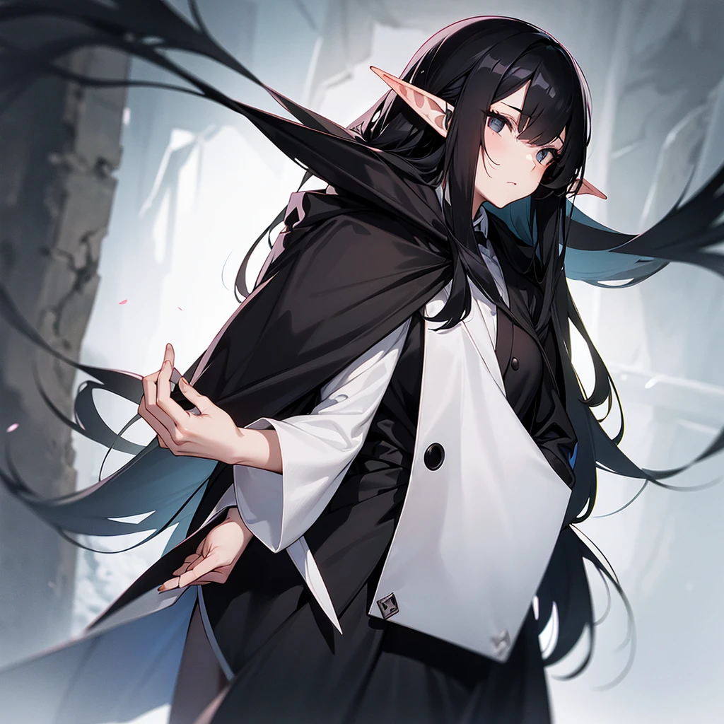 Girl with long black hair, black eyes, elf ears, holding a giant sycthe in one hand, wearing a black and white suit