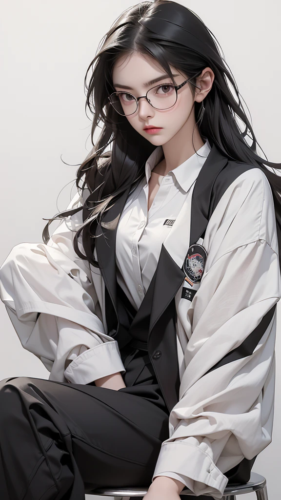 (Highest quality:1.2)。One Woman。Glasses。Angry expression。(Wearing a black jacket)。(sitting)。The background is a white。(the word SELA is written on his jacket )