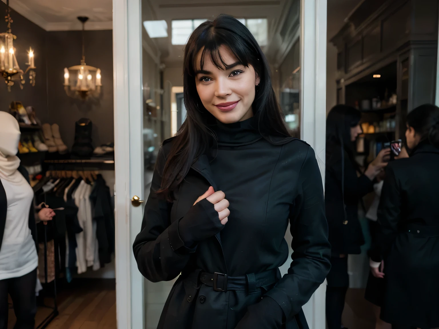 shy smiling Bettie Page detailed freckles, blue eyes, very slim, very short, making love inside a sexy shop, witha black man, modeling, wearing turtleneck, soft gloves,black trench coat,maxy skirt, scarf, The image, realistic hyper-detailed photo captured in stunning Ultra HD, 8k resolution, Nikon D850, — style raw — c 10 — ar 2:3 — s 250V