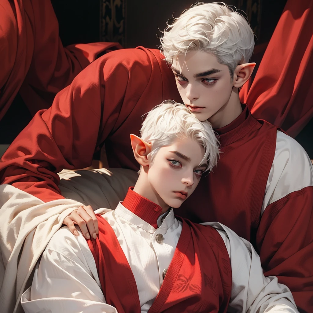 yung Elf, grey skin, White short hair, red eyes, dark clothes, black face patterns