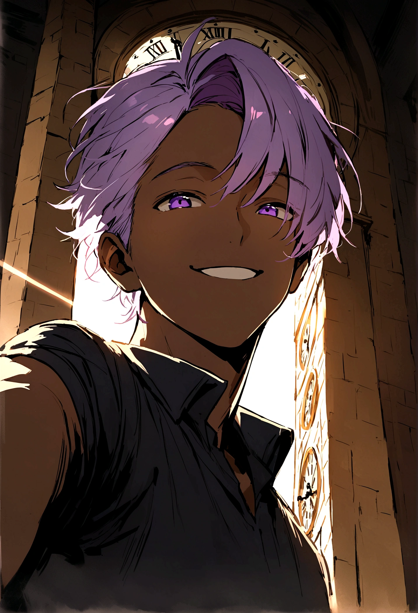 Beautiful youth,One Man,27 years old,Brown Skin,Light purple hair,Purple eyes,Upper Body,Simple hairstyles,masculine body,smile,Reaching out,Standing on top of the clock tower,Light shines in,Half of the face is in the light,Shadow on half of face.