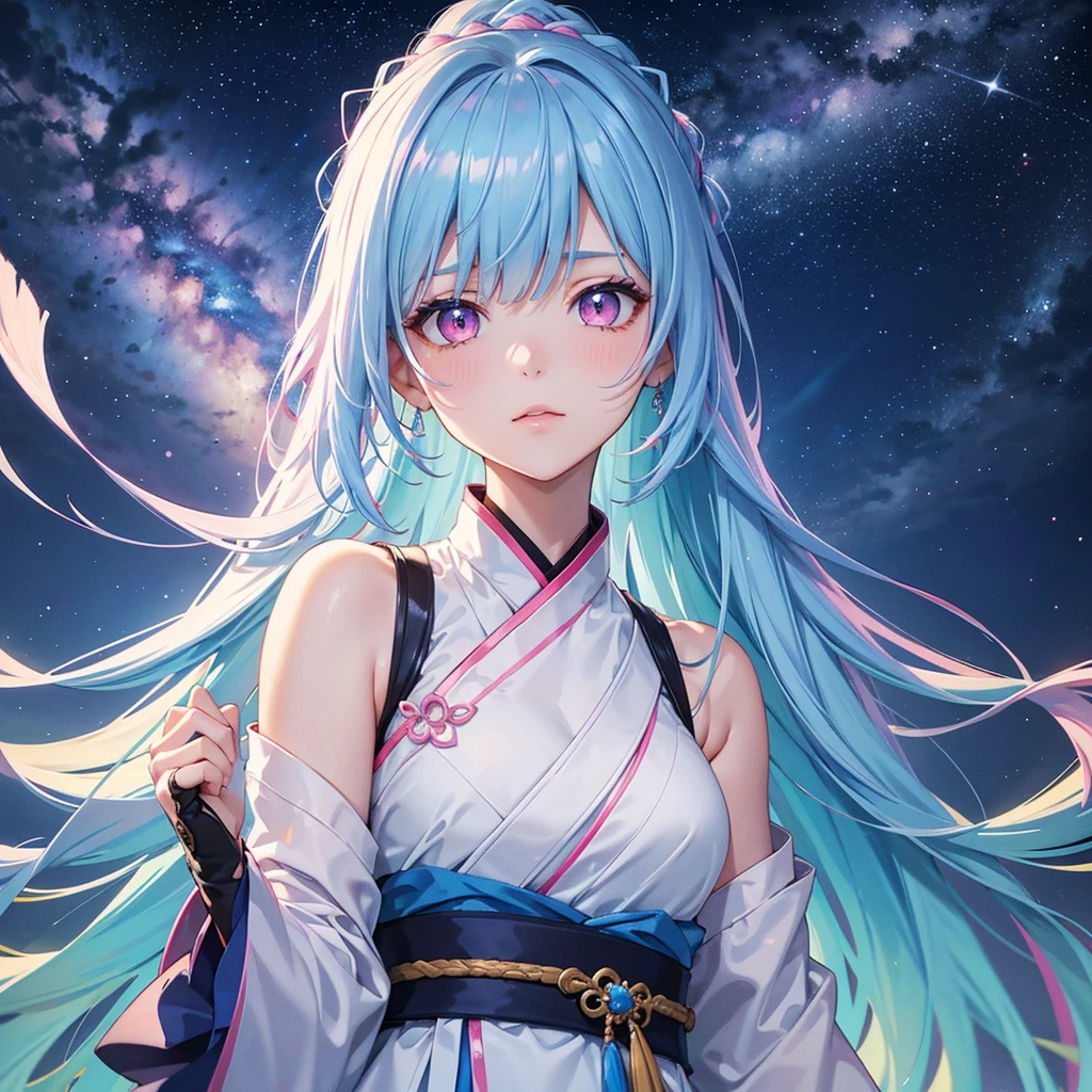 Sky blue hair, Braided Ponytail,(Pink Eyes),Fair skin ,(whole body),(One girl),Hanfu,Tanabata,(The beautiful, sparkling Milky Way in the night sky),Hollow Eyes,Straight bangs,(masterpiece, Highest quality, Very detailed, Best Shadow), (Detailed Background), (Beautifully detailed face), High Contrast, (Best lighting, Very delicate and beautiful), ((Cinematic Light)), colorful, Hyper Detail, Dramatic Light, Intricate details,