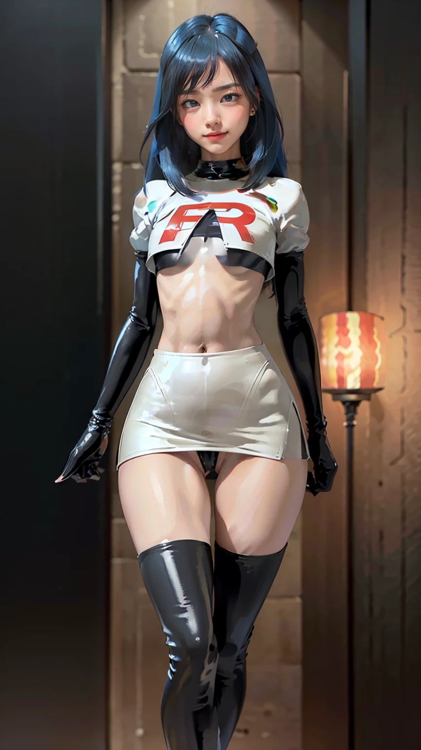 (masterpiece,Highest quality,In 8K,Very detailed,High resolution,realistic:1.2),(A female officer from Team Rocket is walking.:1.5),(Always Alone:1.5), (Team Rocket uniform,It has a big red R on it.:1.5),(The Smile of a Villain:1.4), (Blue Hair Color, Mid-length hair:1.3),(Cowboy Shot:1.5),(20 year old Japanese woman,Fitted clothing,Make the skirt very short, Black patent leather long boots:1.3), (Camel Toe:1.3), (Upper body is thin:1.4), (Flat Chest:1.4), (Thick thighs:1.3), (A is seen from below:1.4)